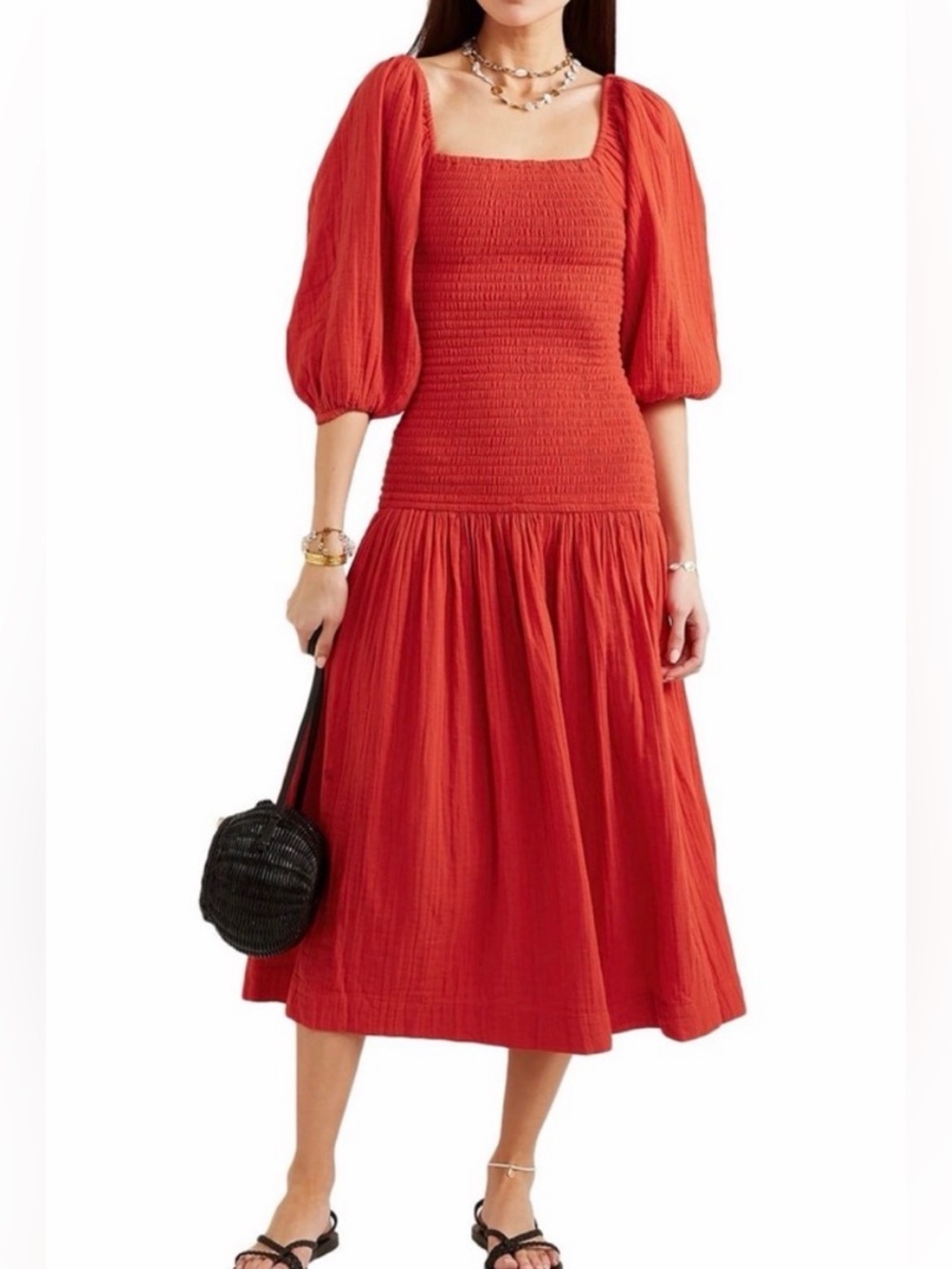 RHODE Harper Smocked Cotton Gauze Midi Dress Size Medium